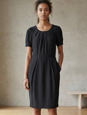 Gerard Darel Black Silk Pleated Short Sleeve LBD Dress Size 36 US 4